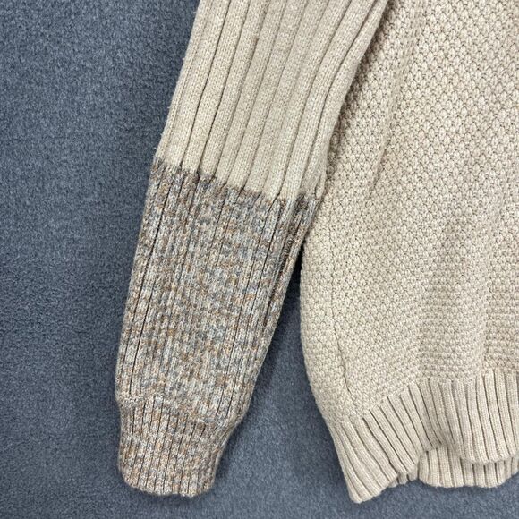 Shawl Collar Cardigan Sweater Womens M/L Beige Gray Patchwork Fringe Boho Knit - Picture 15 of 16